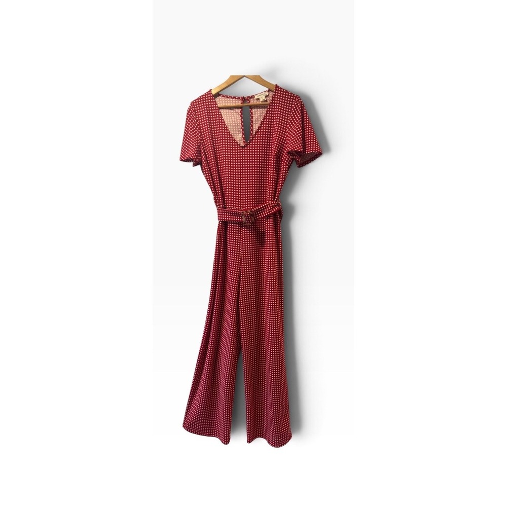 Monteau Red White Check V-Neck Short Sleeve Wide-Leg Belted Jumpsuit L Retro